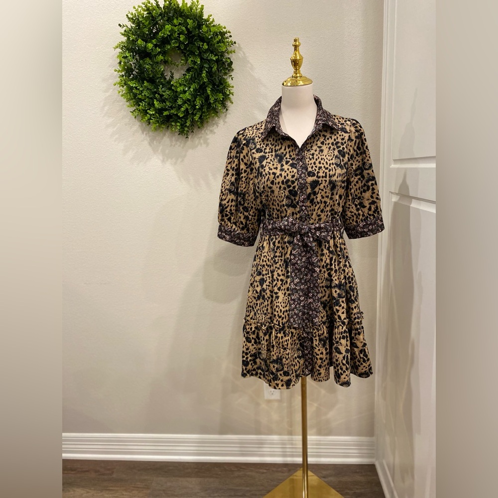 NWOT Boutique Leopard Print Button-Front Dress with Tie Waist - Beige/Black